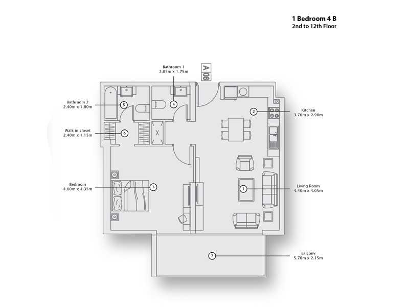 1 Bedroom 4 B, 2nd to 12th Floor